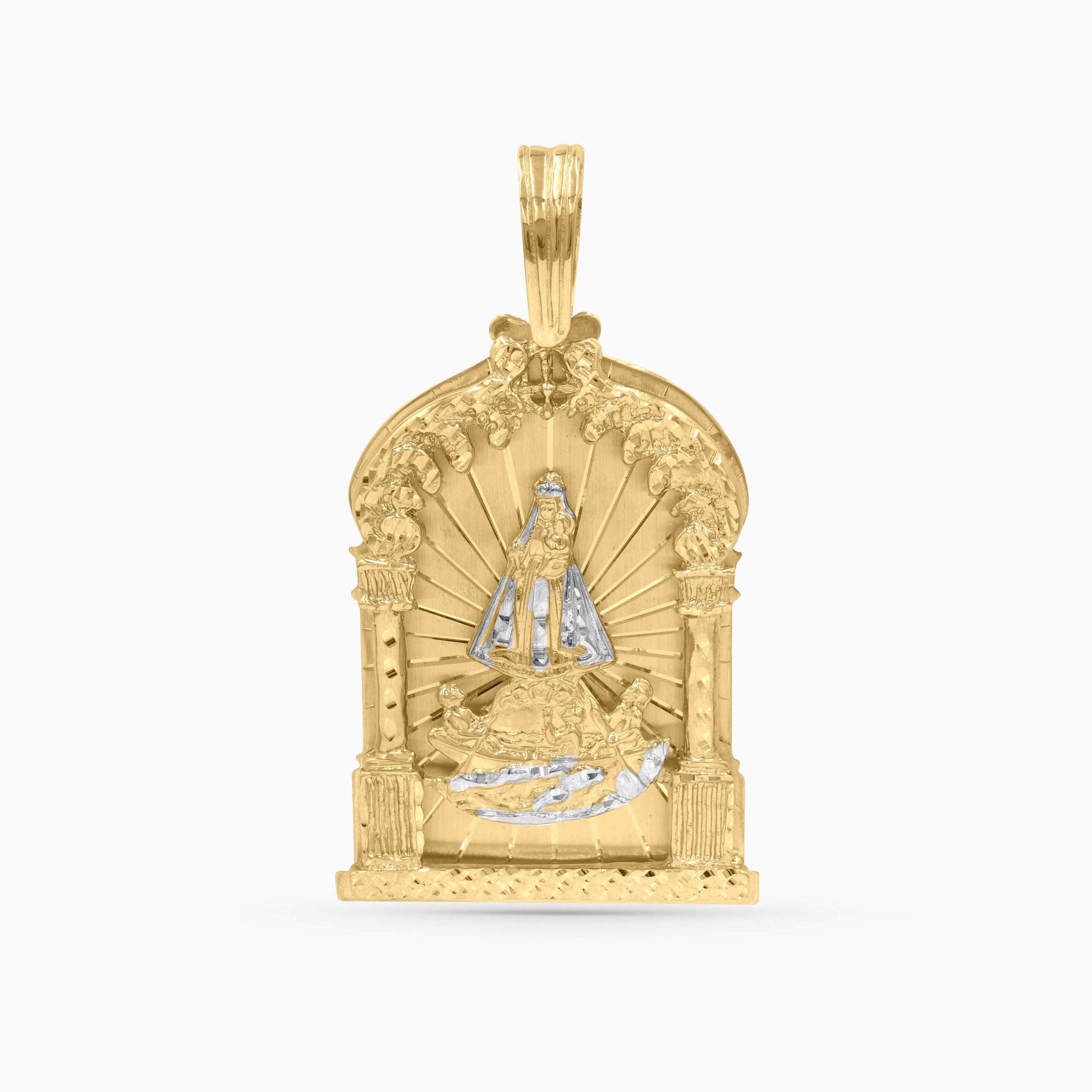 Gold pendant with religious design on a white background
