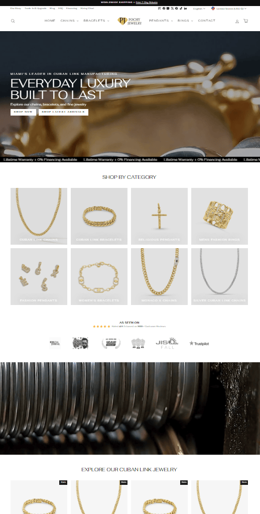 Pochy Jewelry Shopify store homepage designed and built by Chosen6 Digital Agency Miami