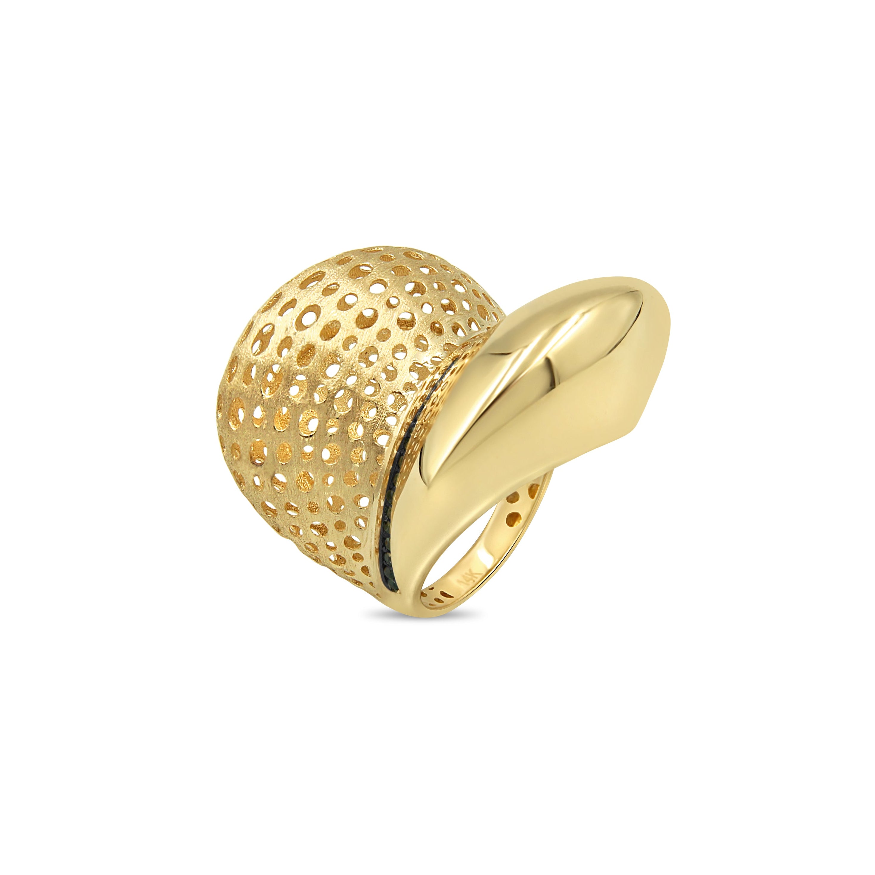 Gold ring with textured design on a white background