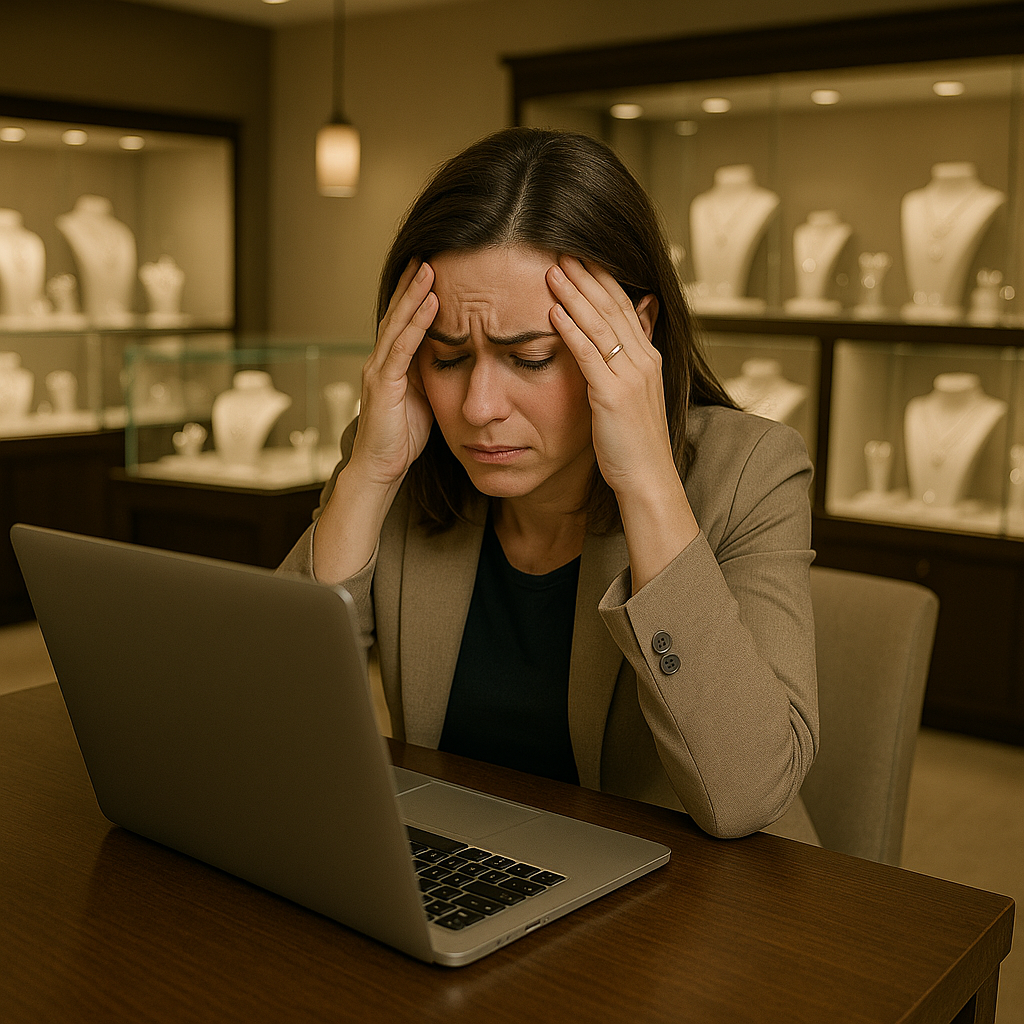 Frustrated jewelry store owner with hands on head looking at laptop in jewelry store