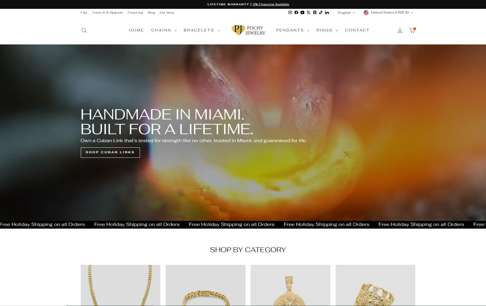 Pochy Jewelry - Handmade Cuban link jewelry website with sophisticated dark theme